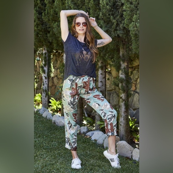 Eloise Pants Women 1 Mustard Yellow Grey Floral Print Smocked Elastic Cotton - Picture 13 of 16